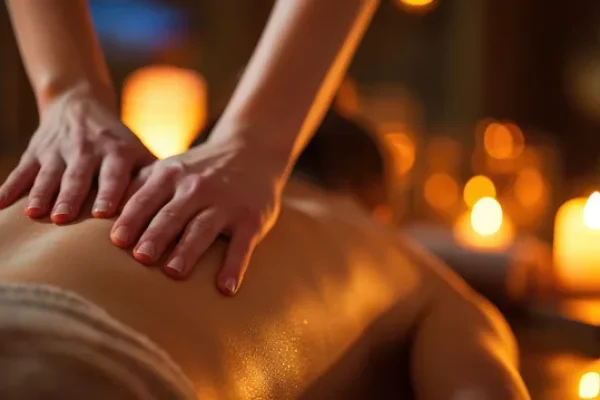 Des mains douces massent le dos avec de l'huile, dans la tranquille lueur des bougies, évoquant l'expérience sensorielle du massage Nuru