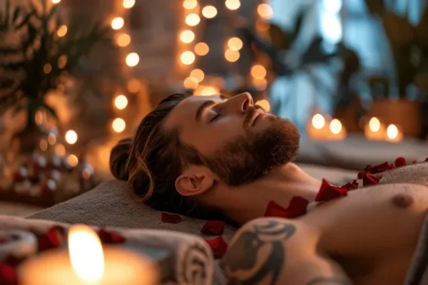 Hombre en estado de relajación profunda durante un masaje sensitivo, rodeado de velas y luces suaves que crean una atmósfera pacífica.